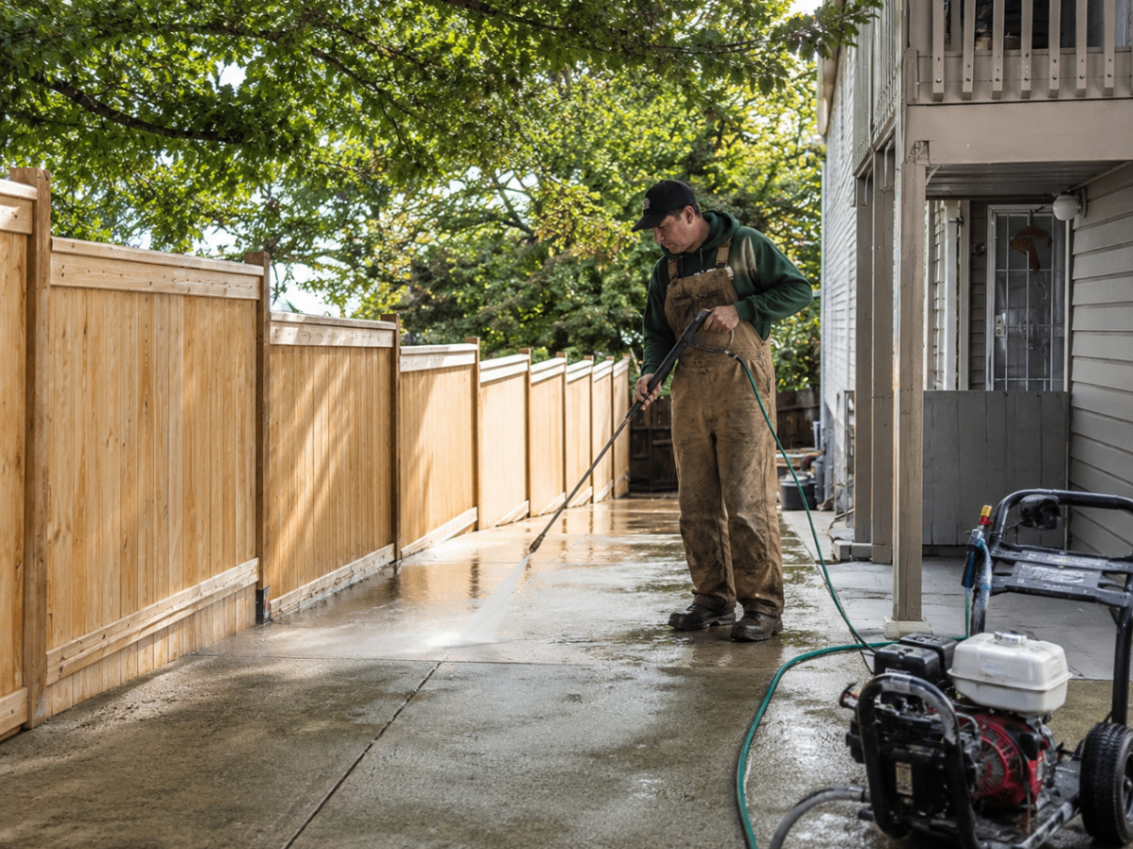 Pressure washing along a residential driveway and fence line