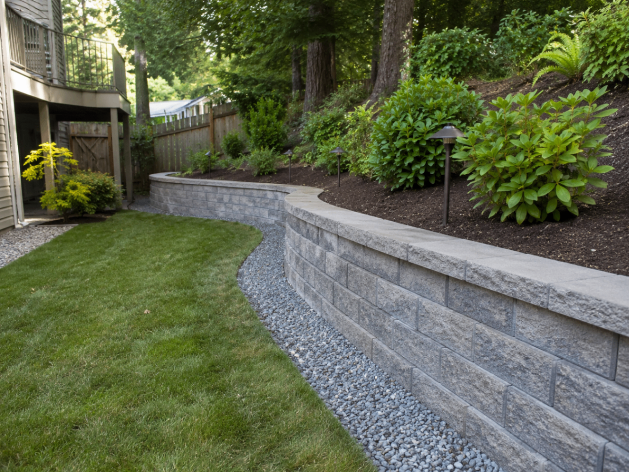 Curved retaining wall and finished landscape bed